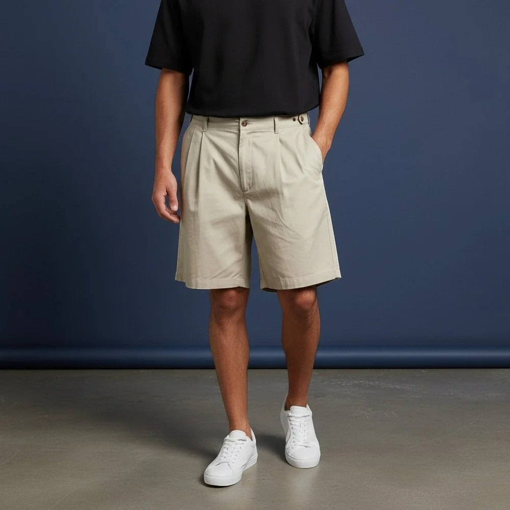 Savane Pleated Chino Shorts Mens 42 Khaki NWT Wrinkle Free Cotton Traditions